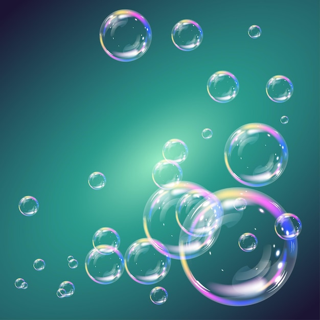 Vector set of realistic soap bubbles on a turquoise background