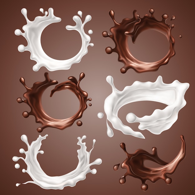 Set di schizzi e gocce realistici di latte e cioccolato fuso.