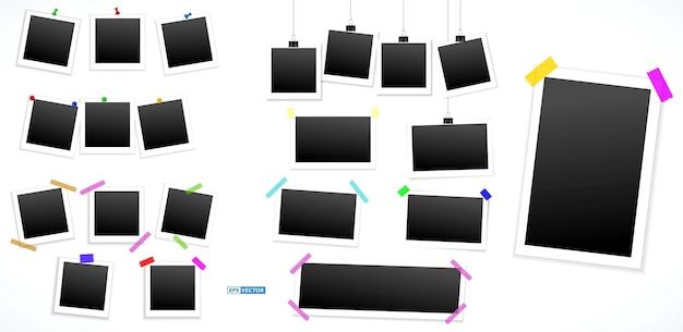 set of realistic square photo frames isolated or various photo frame on sticky tape pin and rivets