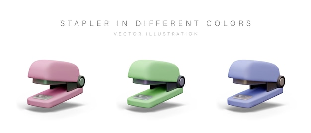 Set of realistic staplers side view Vector models of different colors