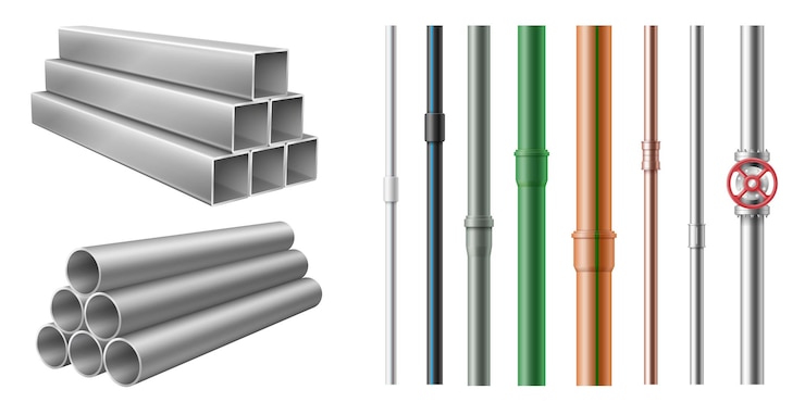 Vector set of realistic steel metal and plastic pipes for water, oil, gas pipeline, construction building