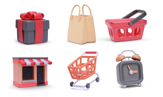 Set of realistic store vector icons isolated on white background Gift bag basket shop cart alarm