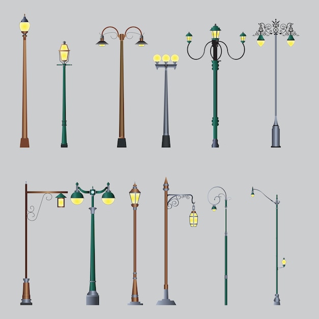 Set of realistic street light Street lamp Vintage vector illustration