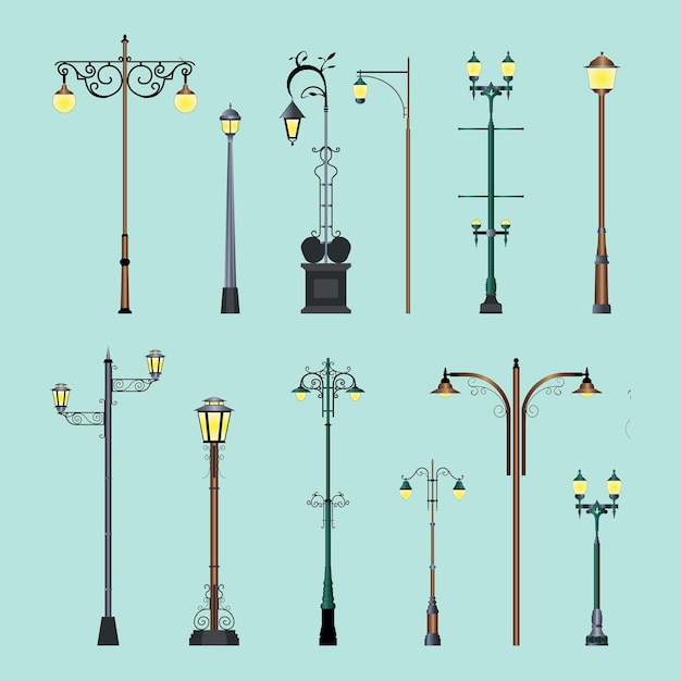 Vector set of realistic street light street lamp vintage vector illustration