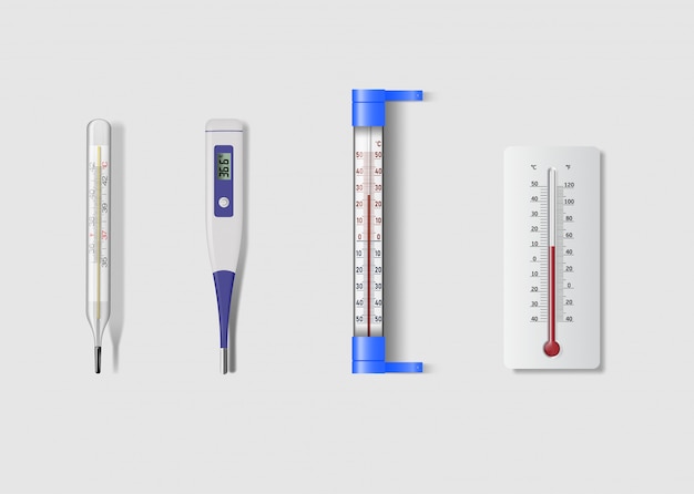 Insieme delle icone realistiche del termometro isolate su fondo bianco.