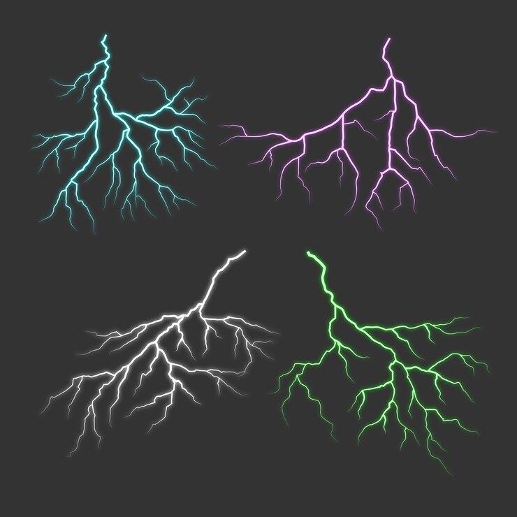 Vector set of realistic thunderstorm nature power energy and lightning effect
