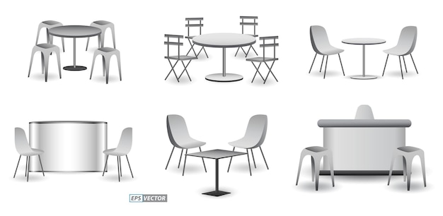набор реалистичных торговых выставочных стульев и столов или белых пустых выставочных киосков или стендов