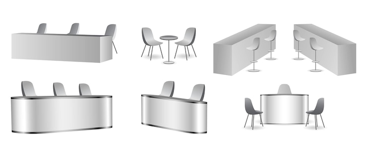 Vector set of realistic trade exhibition chair and table or white blank exhibition kiosk or stand booth