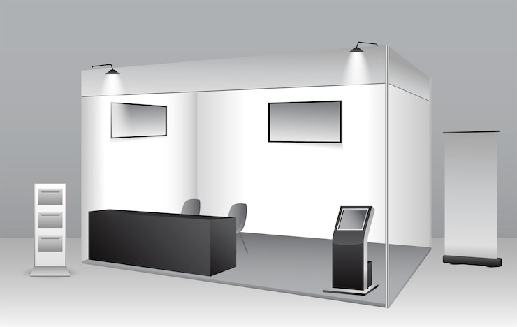 Vector set of realistic trade exhibition stand or white blank exhibition kiosk or stand booth corporate com