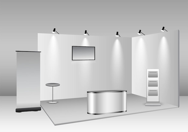 Vector set of realistic trade exhibition stand or white blank exhibition kiosk or stand booth corporate com