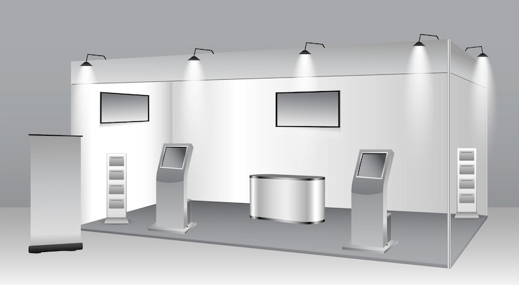 Vector set of realistic trade exhibition stand or white blank exhibition kiosk or stand booth corporate com