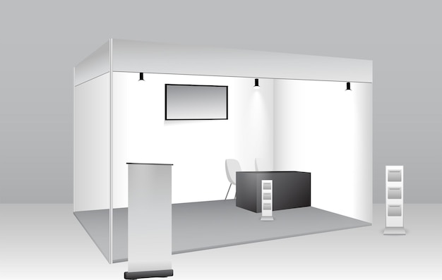 Set of realistic trade exhibition stand or white blank exhibition kiosk or stand booth corporate com