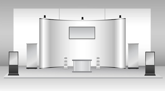 set of realistic trade exhibition stand or white blank exhibition kiosk or stand booth corporate com