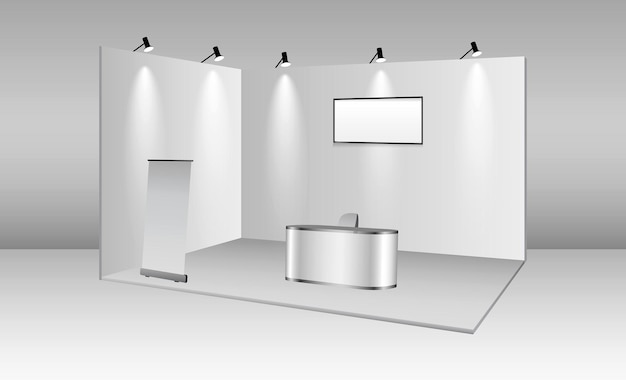 Vector set of realistic trade exhibition stand or white blank exhibition kiosk or stand booth corporate