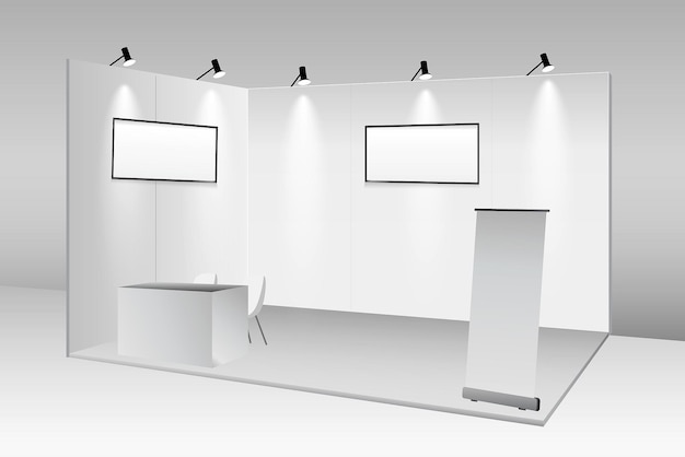 Vettore set di stand fieristici commerciali realistici o chiosco espositivo vuoto bianco o stand stand