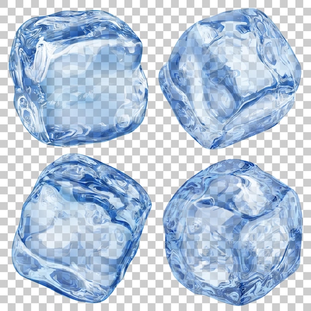 Set of realistic translucent ice cubes in blue color on transparent background