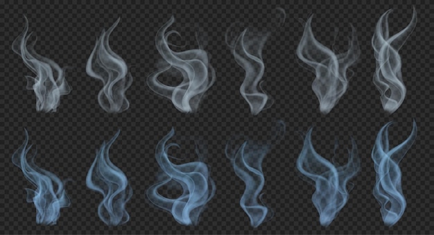 Vector set of realistic translucent smoke or steam in gray and light blue colors on transparent