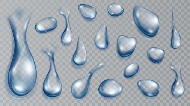 Set of realistic translucent water drops in blue colors in various shape and size isolated on transparent background