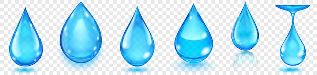 Set of realistic translucent water drops in blue colors in various shapes with glares and shadows isolated on transparent background