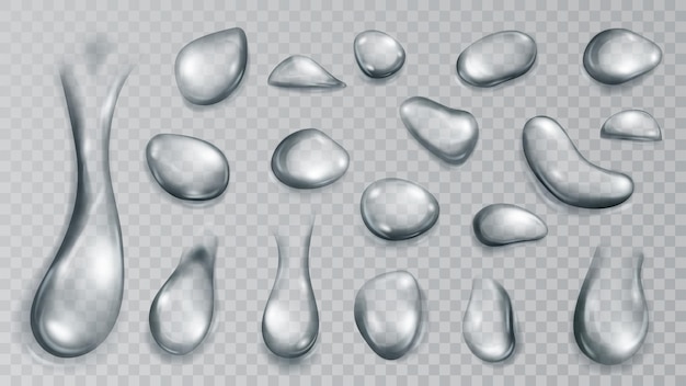 Set of realistic translucent water drops in gray colors in various shape and size isolated on transparent background