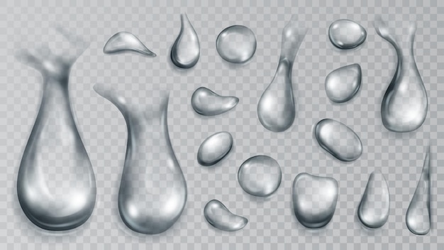 set of realistic translucent water drops in gray colors in various shape and size isolated on transparent background