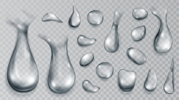 Set of realistic translucent water drops in gray colors in various shape and size isolated on transparent background