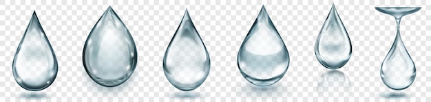 Set of realistic translucent water drops in gray colors in various shapes with glares and shadows isolated on transparent background