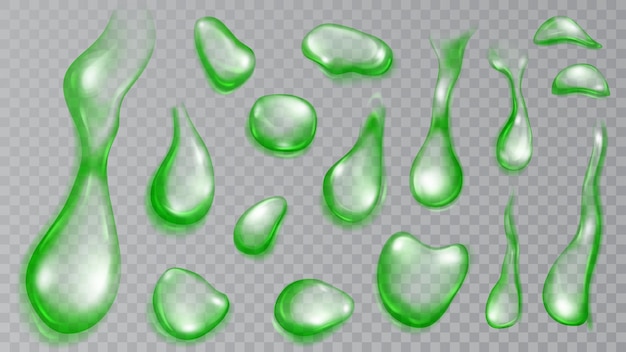 Vector set of realistic translucent water drops in green colors in various shape and size isolated on transparent background