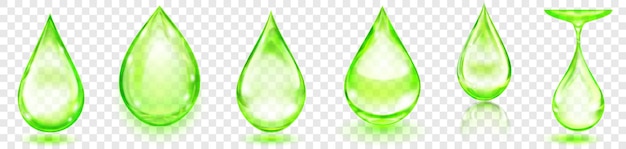 Set of realistic translucent water drops in green colors in various shapes with glares and shadows isolated on transparent background Transparency only in vector format