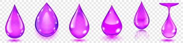 Vettore set di gocce d'acqua traslucide realistiche nei colori viola in varie forme con riflessi e ombre isolate su sfondo trasparente trasparenza solo in formato vettoriale