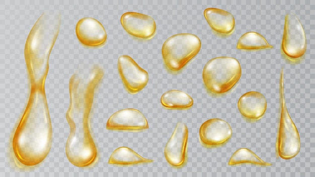 Vector set of realistic translucent water drops in yellow colors in various shape and size isolated on transparent background