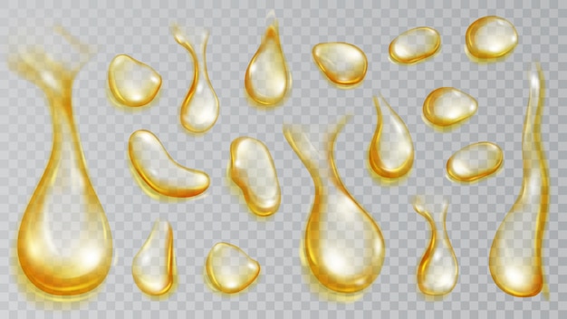 Set of realistic translucent water drops in yellow colors in various shape and size isolated on transparent background