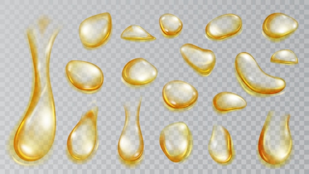 Vector set of realistic translucent water drops in yellow colors in various shape and size isolated on transparent background