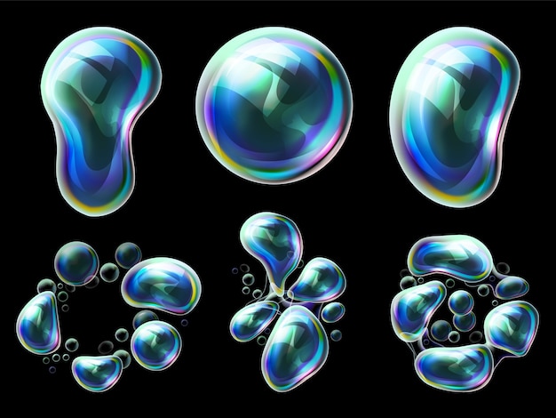 Set of realistic transparent colorful soap bubbles in the deformation. Water spheres with air, soapy balloons, lather, suds, soapsuds. Glossy Foam Balls with bright reflex.