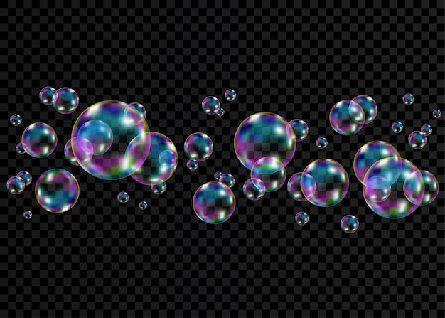 Set of realistic transparent colorful soap  bubbles with rainbow reflection isolated