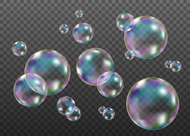 Set of realistic transparent colorful soap  bubbles with rainbow reflection