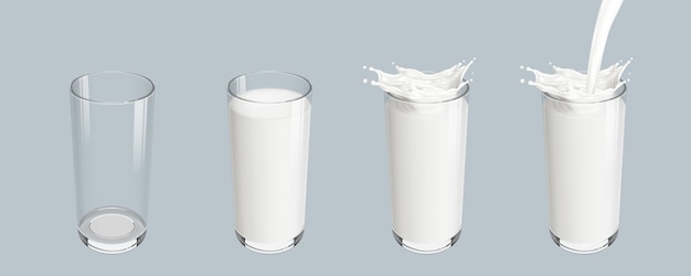 Vector set realistic transparent empty glass with pouring milk splash