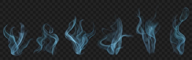 Set of realistic transparent smoke or steam in light blue colors, for use on dark background