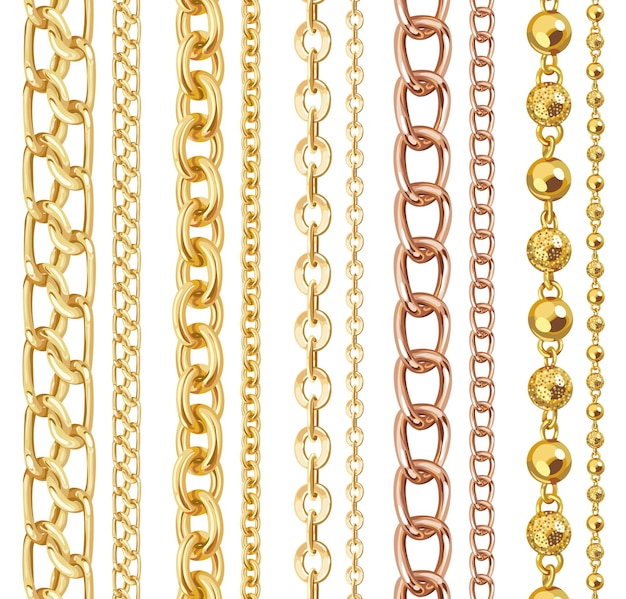 Vector set of realistic vector golden shiny chains vector illustration of gold metal necklace isolated