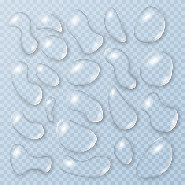 Vector set of realistic water drops of various shapes isolated on a transparent background. set of condensation bubbles or realistic drip, h2o element and clear wet splash. liquid blobs. illustration.