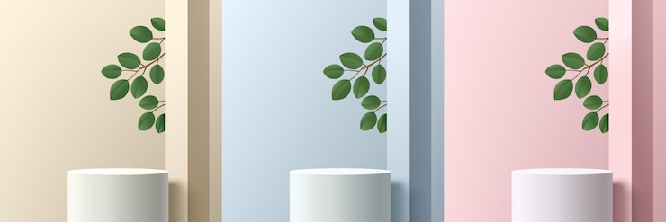 Vector set of realistic white 3d cylinder podium in beige blue and pink abstract rooms with pillar and leaf
