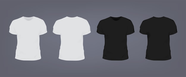 Set of realistic white and black unisex slim-fit t-shirt with round neckline. front and back view.