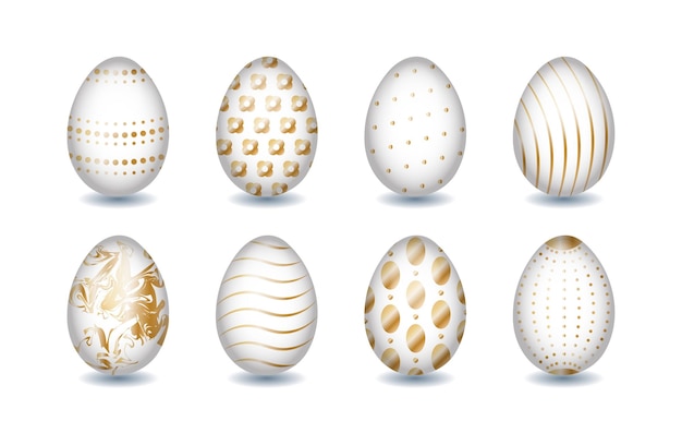 set of realistic white Easter eggs with gold ornament isolated design element on white background