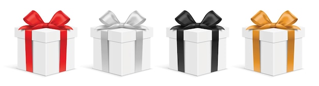 Vector set of realistic white gift boxes with different color ribbons