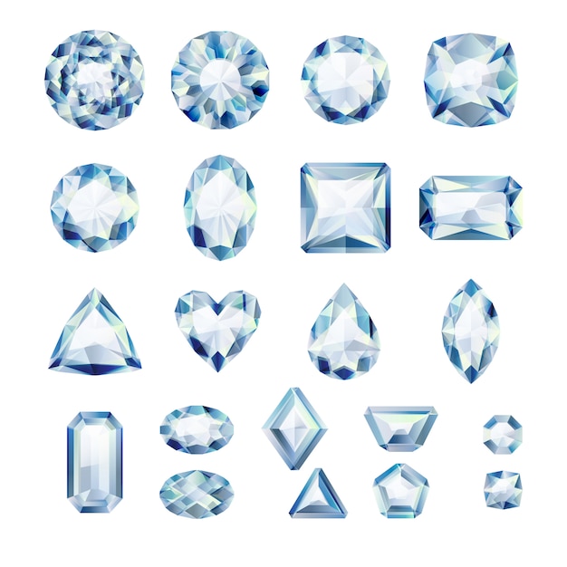 Set di gioielli bianchi realistici. pietre preziose colorate. diamanti su sfondo bianco.