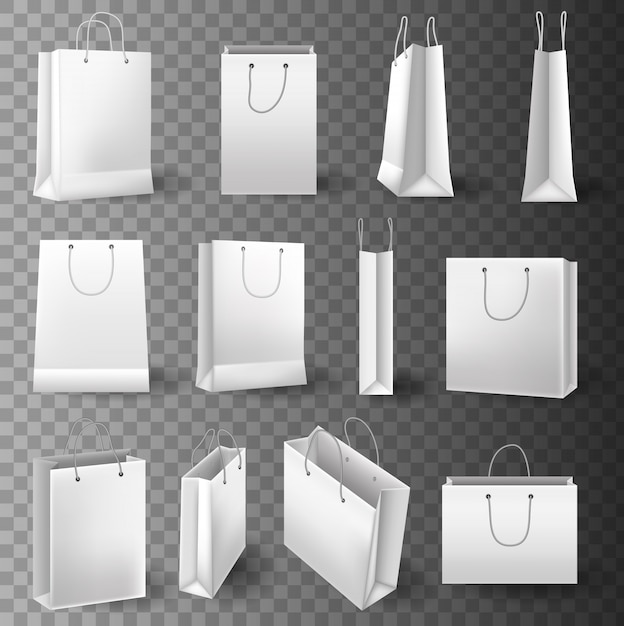 Set of realistic white paper bag. Paper Shopping Bag set for branding and corporate identity design.