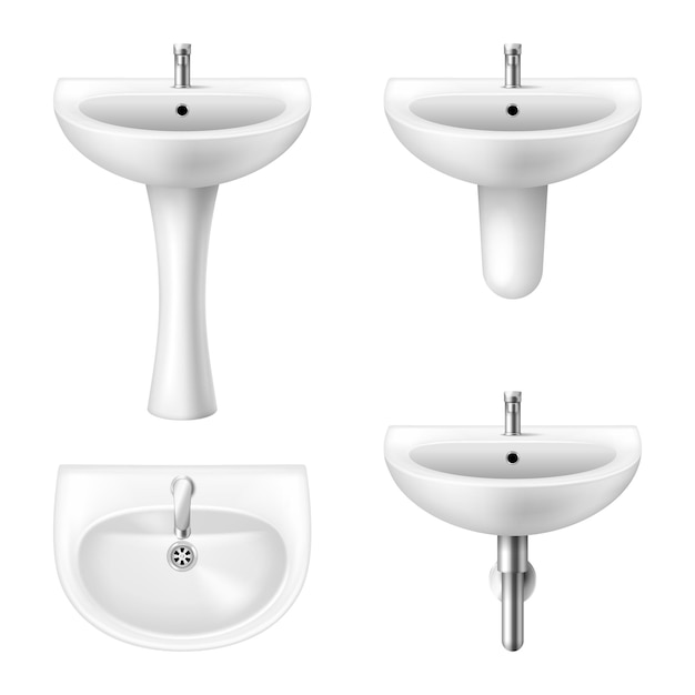 Vector set of realistic white sink with faucet for bathroom and restroom. classic ceramic oval washbasins