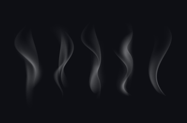 Vector set of realistic white transparent cigarette smoke waves isolated on black background