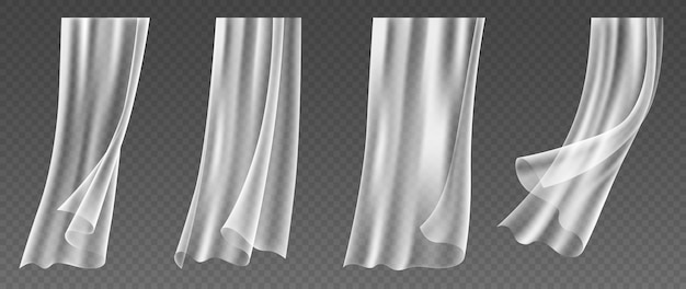 Set of realistic window curtains blowing on wind, fluttering white cloths of transparent textile, soft lightweight clear material. 3d vector illustration