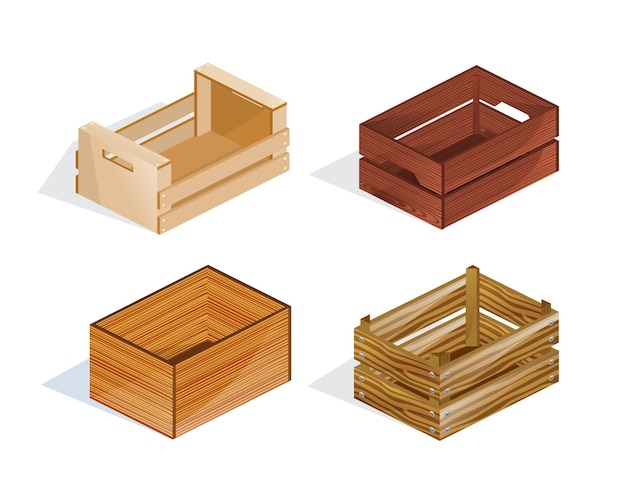 Set of realistic wooden boxes boxes packages with open top